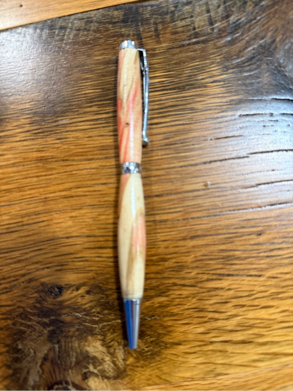 Hand Turned Flaming Box Elder Wood Twist Ball Point Pen W/Chrome Trim